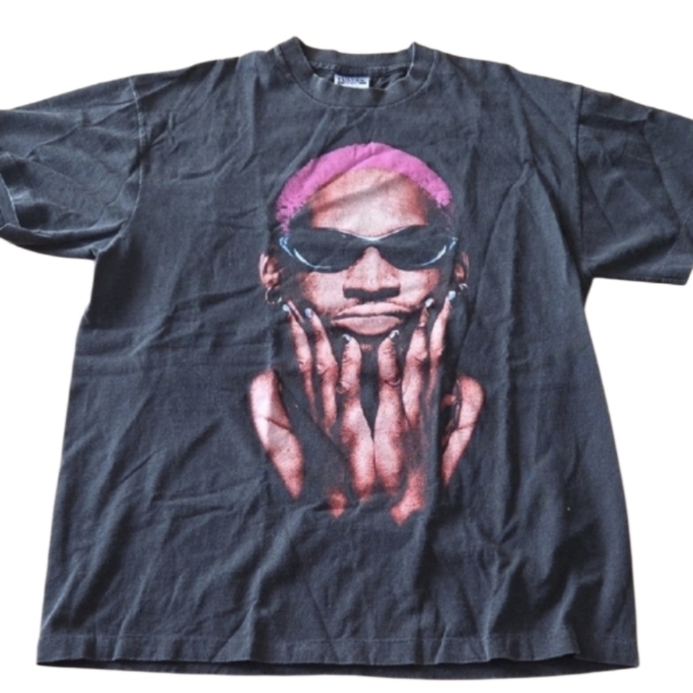 90s Dennis Rodman Tultex Dark Gray screen Print T‑Shirt with Pink Hair